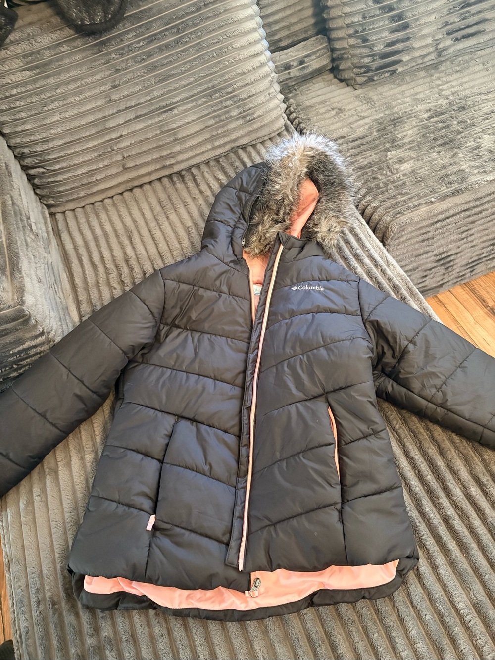 Columbia Black Puffer Coat with Pink Lining and Faux-Fur Hood